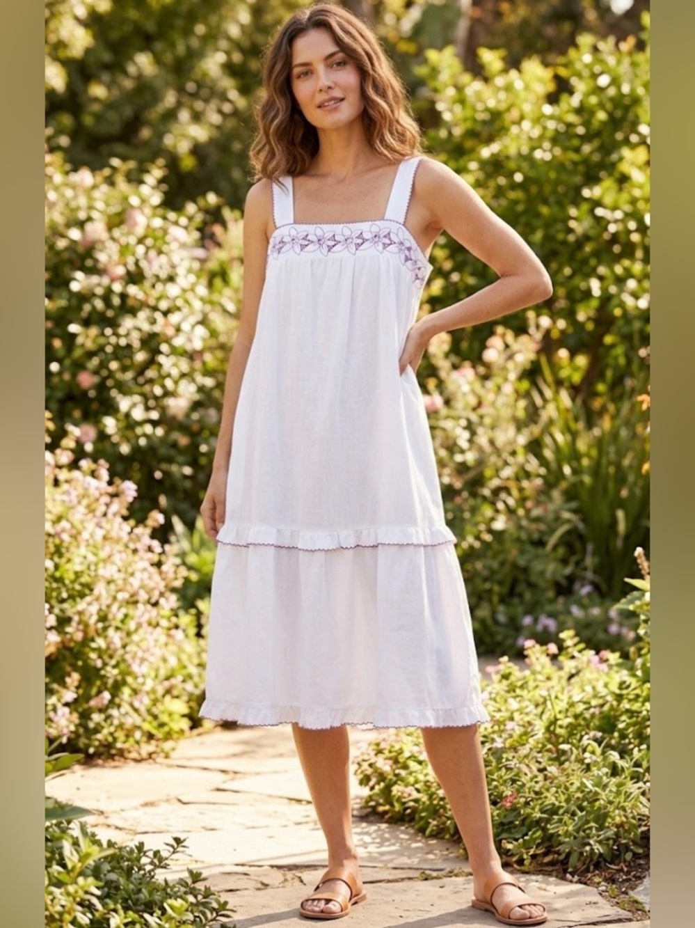 Vintage white cotton strap shoulder midi dress purple embroidery floral tiered L